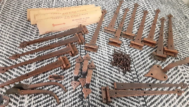 16 pair + VTG McKinney Forged Iron Strap Hinges 8.75" with Extras - Olde Copper