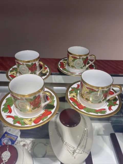 Christian Dior "Dior Christmas" Theme Coffee Tea Cup Saucer 24k Trim Set Of 4