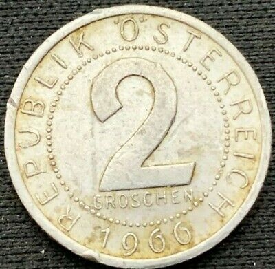 1966 Austria 2 Groschen Coin AU    Aluminum    #K667