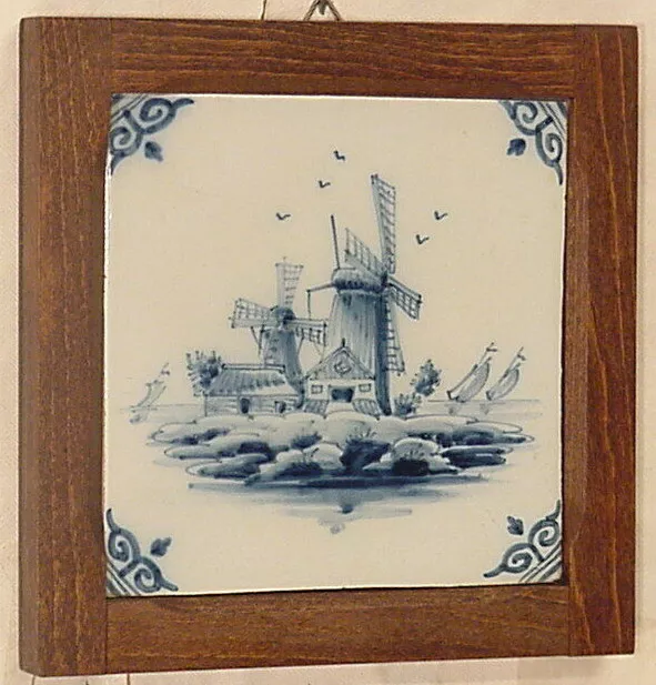 Dutch Delft Delftblue wall tile wood framed ship windmill sailing boats Holland