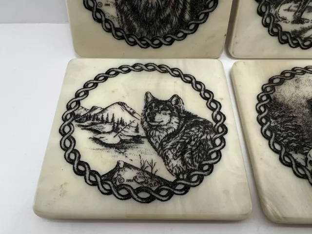 Vintage MCM Wolf Engraved Stone Drink Coaster Wolves In Forest 1995 Set Of 4 2