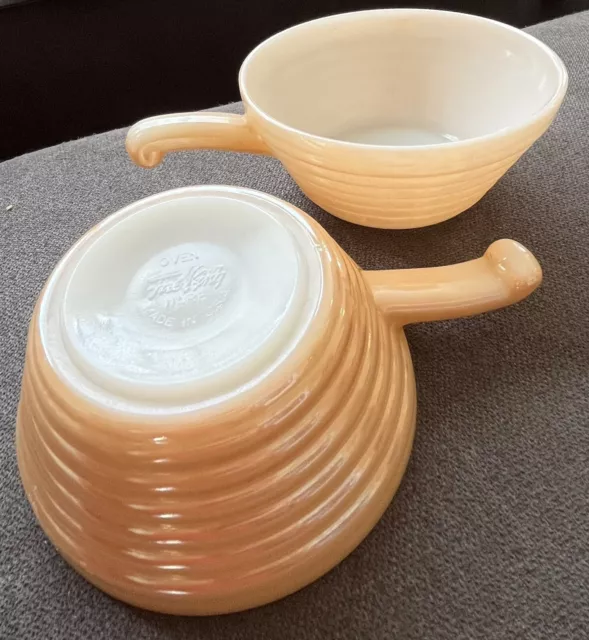 Vtg Fire King Oven Ware Pair Peach Lustre Beehive Grannycore Cereal Handle Bowls