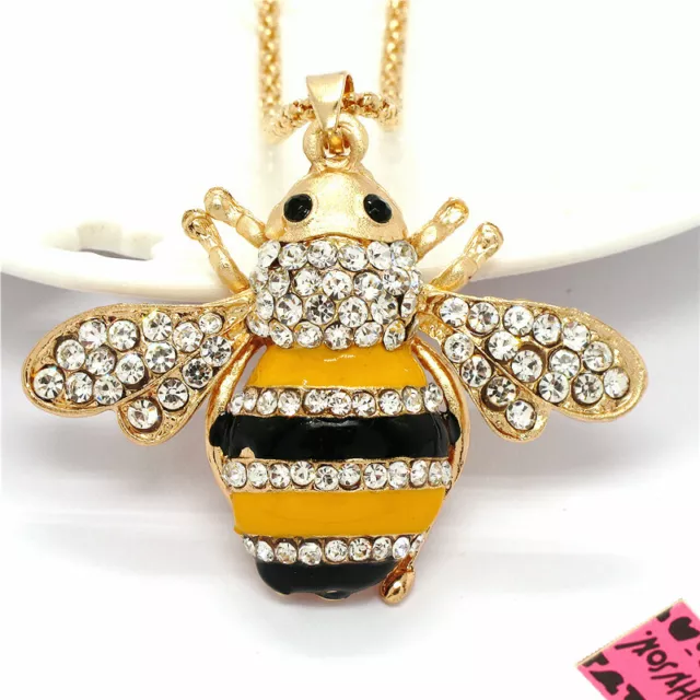 Betsey Johnson Yellow Enamel Cute Bee Honey Crystal Pendant Chain Necklace