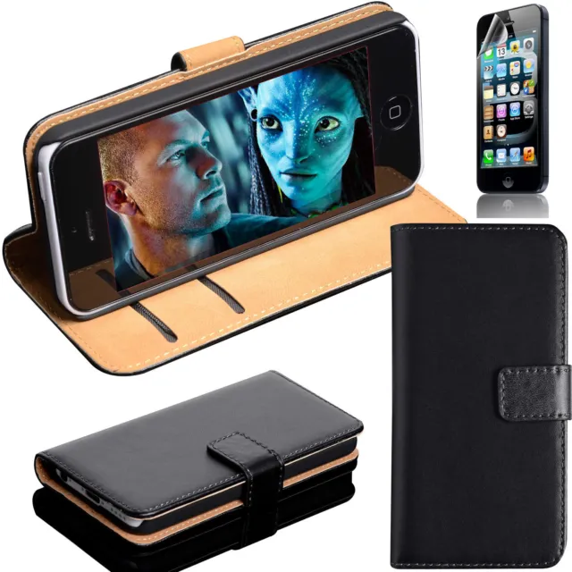 BLACK REAL GENUINE LEATHER WALLET CARD SLOT FLIP CASE FOR Apple iPhone UK SELL