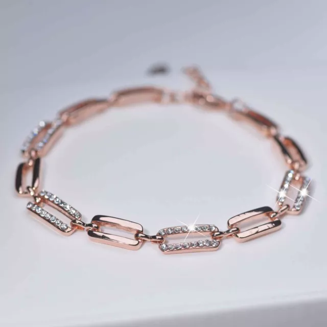 18k rose gold gp simulated diamond rectangle link chain bracelet