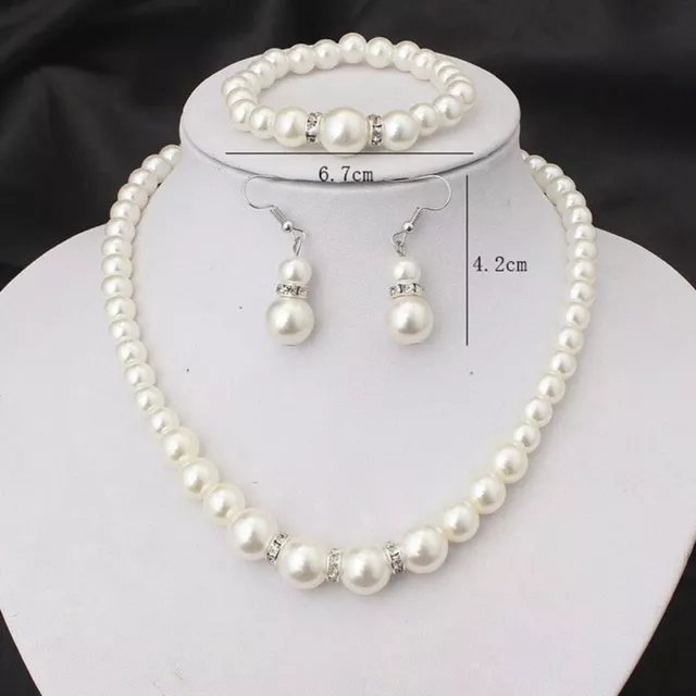 Pearl Necklace Earring Bracelet Set Sparkling Silver Crystal Rhinestones Women