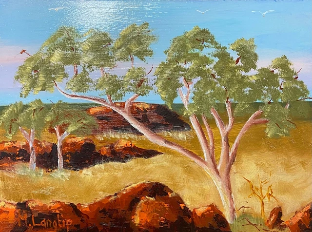 ART PAINTINGS AUSTRALIAN outback tree desert bush peaceful landscape ...