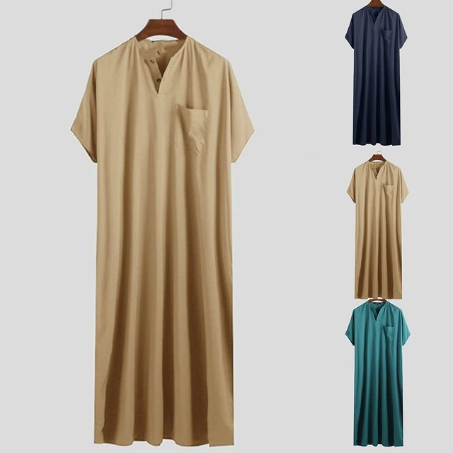 Caftan Homme En Lin Et Coton - Manches Longues Avec Poches - Coupe Universelle - Style Marocain