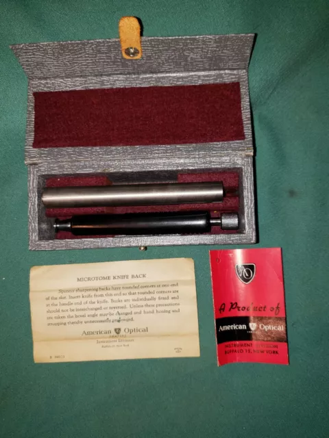 Vintage American Optical Microtome Knife Back w/ Case Handle & Papers