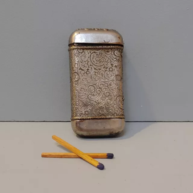 Antique Ornate Scroll Match Safe Match Holder Silver Plate