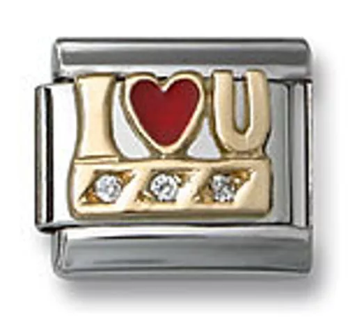 18K Gold Italian Charm Red Enamel I Heart U Cubic Zirconia Stainless Steel Link