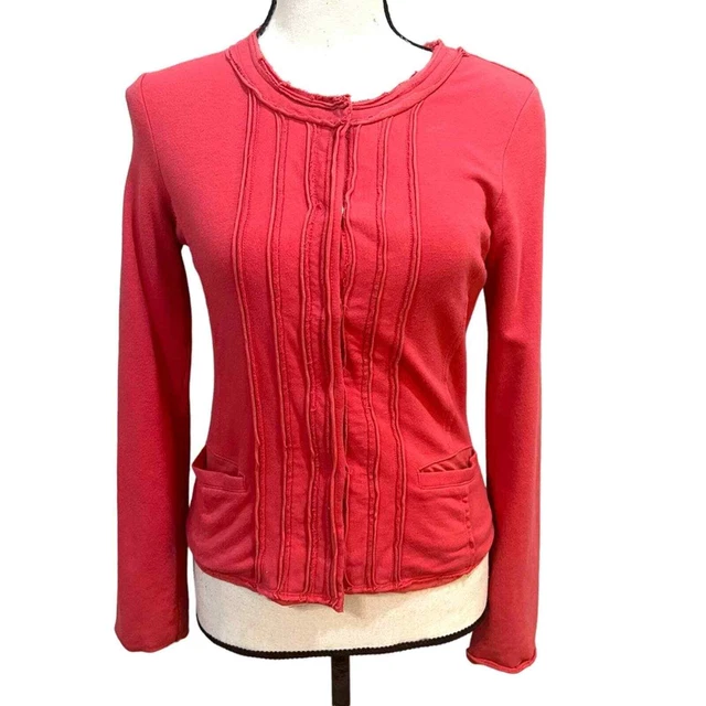 Club Monaco Red cotton snap button distressed Elle sweater jacket size Small