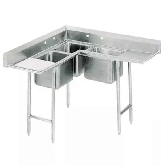 NEW ADVANCE TABCO 94-5K-11D STAINLESS STEEL 3 COMPARTMENT CORNER SINK, 42" x 42"