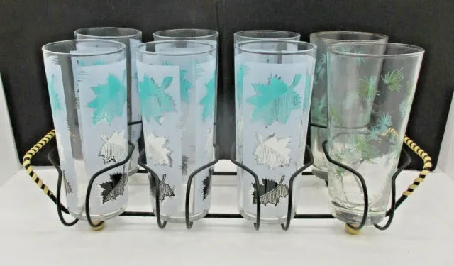 VTG Set of 6 Libbey Frosted Glass Tumblers Falling Leaf Design Blue Black White