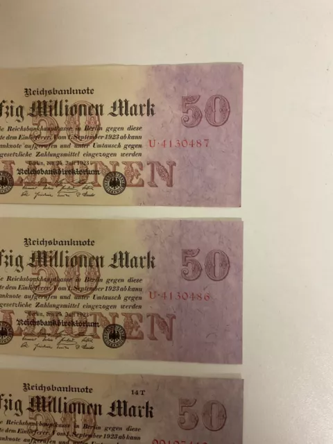 3x Fünfzig Millionen Mark 1923 original Reichsbanknote Notgeld Inflation Sammler 3