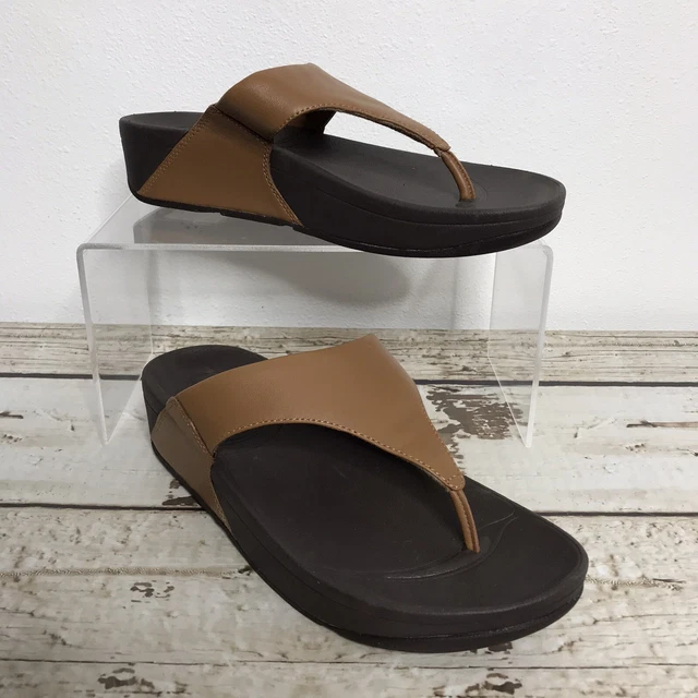 FitFlop Lulu Sandals Toffee Tan Leather Wedge Thongs Flip-Flops Toe-Post Sz 9