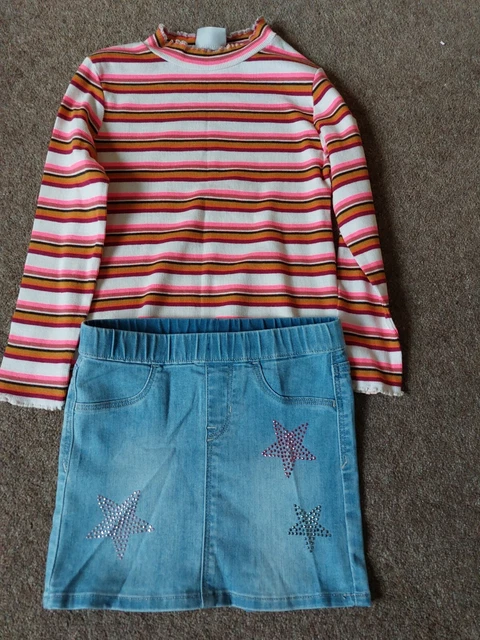 H&M Matalan GIRLS outfit denim Jean skirt stripey top Age 7