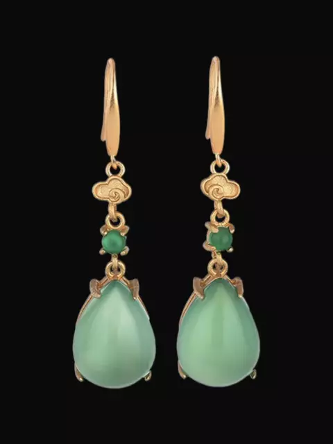 Green Jade Water Drop Earrings 925 Silver Charms Women Natural Jewelry