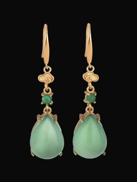 Green Jade Water Drop Earrings 925 Silver Charms Women Natural Jewelry