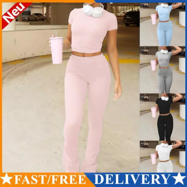 Women 2 Piece Pajamas Sets Solid Color Crew Neck Basic Style Yoga Sports Outfit