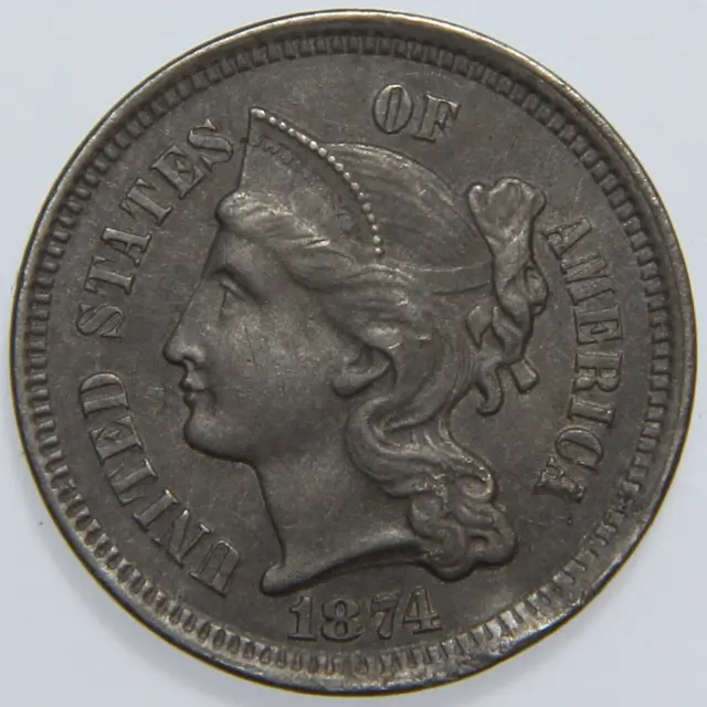 1874 Three Cent Nickel 3c, High Grade Rim Damage, -K1750-