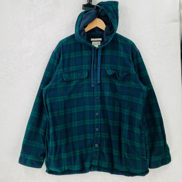LL BEAN SHACKET Mens XL Reg Hood Fleece Lined Green Plaid Flannel Shirt