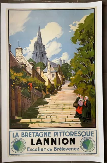 Affiche ORIGINALE TOURISME LA BRETAGNE PITTORESQUE LANNION ESCALIER BRELEVENEZ