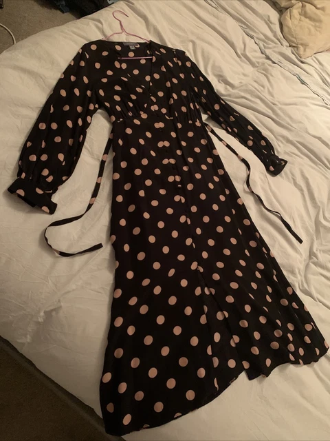 POLKA DOT DRESS Black Brown Spots Primark Size 10 Long Sleeve Long Dress  Button 3.50 - PicClick UK