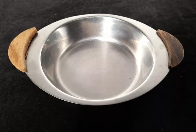 Mid Century Danish Stainless Steel Teak Bowl Scandinavian Metal Serving Dish