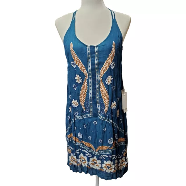 NWT O'Neill Dress Ellison Women's M Blue Halter Boho Floral Low Back Beach