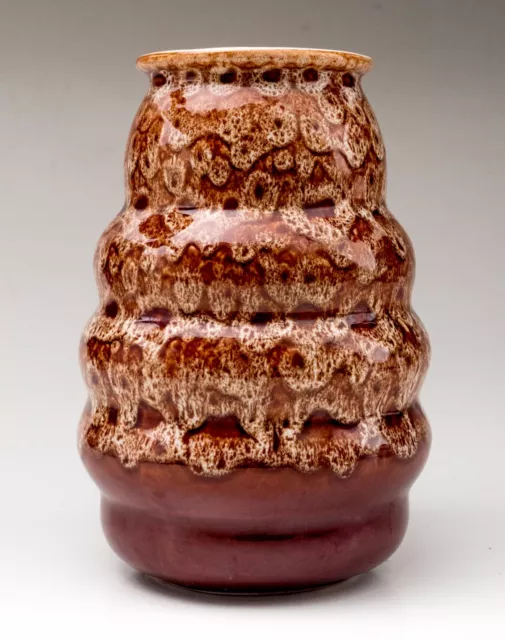 New Devon Pottery Hooped Vase, Honeycomb Mottled Brown Drip Glazed  1960s 70s