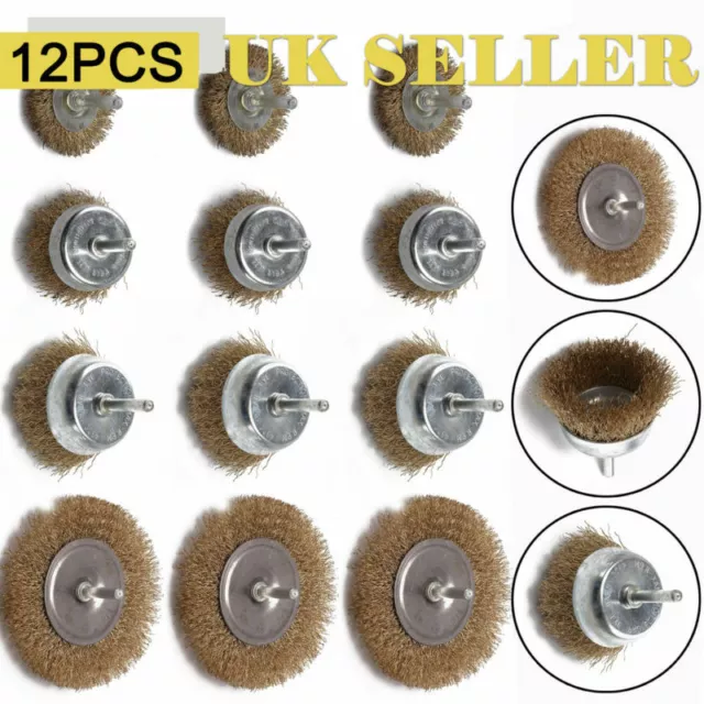 12x Drill Wire Wheel Brush Cup & Flat Crimped Steel Drill Attachments Brushes UK