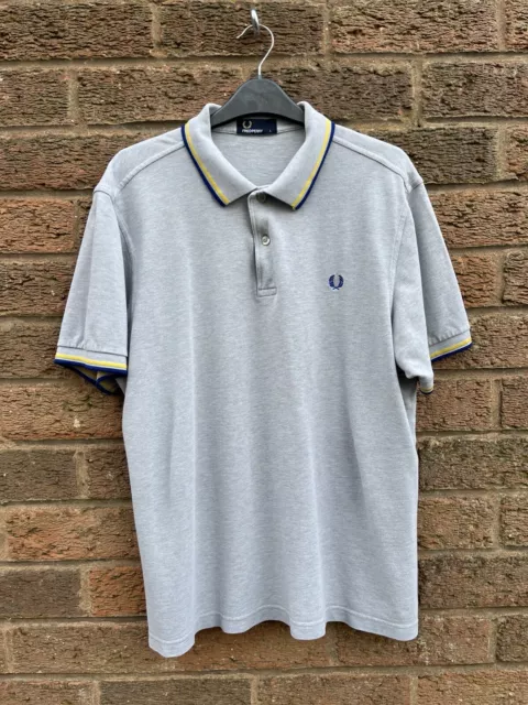 Polo Shirt Fred Perry grigia doppia punta giallo navy taglia large L mod retrò anni 60