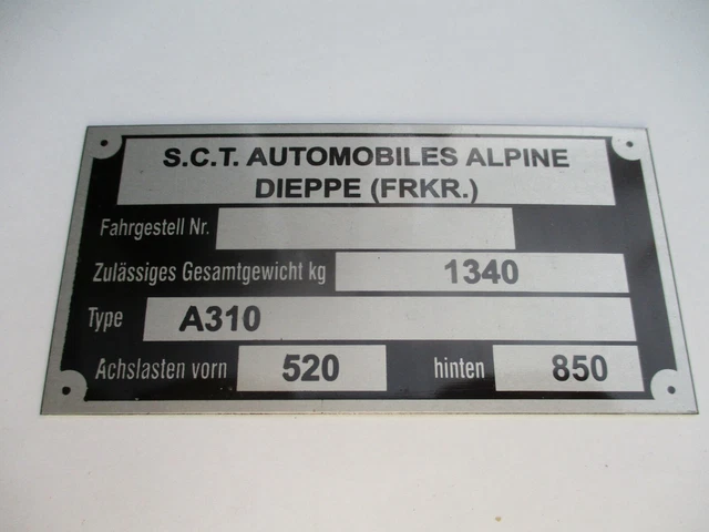 Plaque De Carrosserie Type Alpine A110 / 110 / 310 - Identifiant Dieppe S89 - Pièce Ancienne