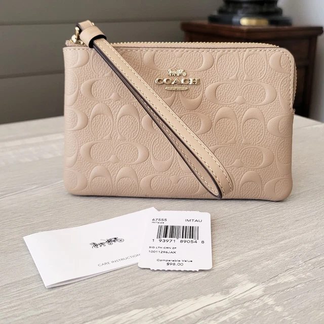COACH Corner Zip Wristlet Embossed Signature Leather Taupe Card Holder 67555 NWT