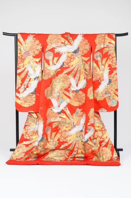 Japanese Silk Kimono Robe Uchikake Wedding Embroidery Antique #U7