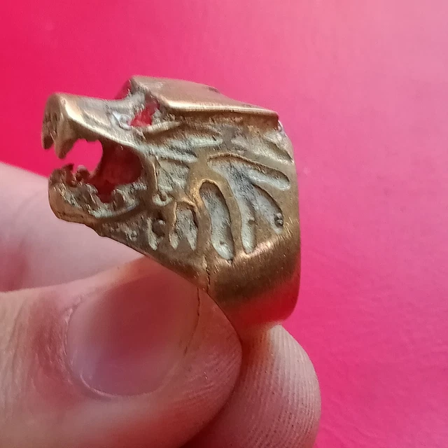 Rare Ancient Bronze Antique Viking Head-Wolf Style Ring  Authentic Artifact
