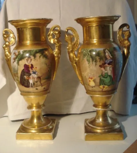 Ancienne Paire De Vases Empire Porcelaine Peinte Main