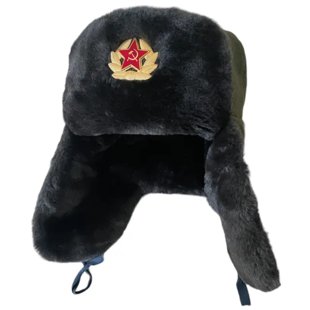 USSR Russian Military Style Grey Faux Fur Winter Ushanka Hat Soviet Army Badge