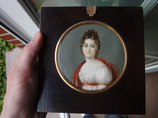 Antike Miniatur signiert Lecourt Empire Biedermeier Portrait junge Frau