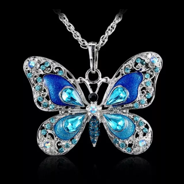 Fashion Blue Butterfly Animal Rhinestone Crystal Pendant Necklace Women Jewelry