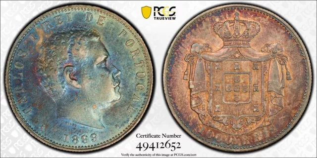 1899 Portugal Silver 1000 R/Réis PCGS AU KM#540, Gomes#C1.13.01 *Rainbow Toning*