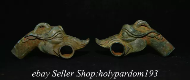 4.8" Old Chinese Shang Dynasty Bronze ware Dragon Head Statue Pair