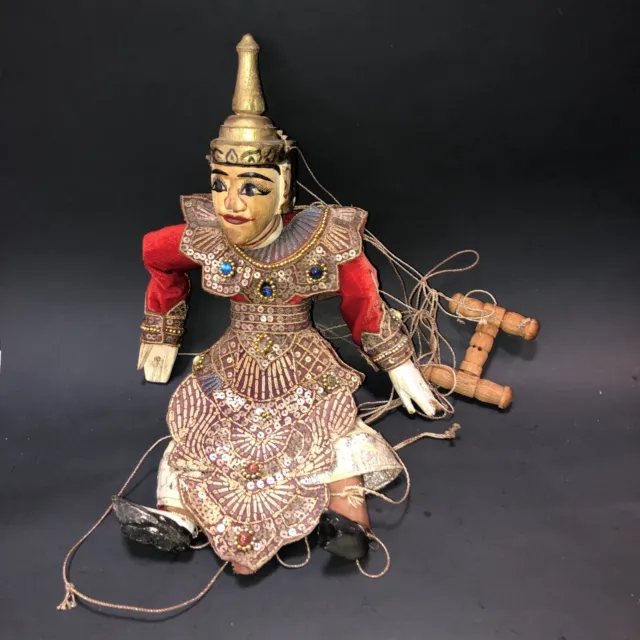 Antique Burmese Hand Carved Wooden Marionette String Puppet With Handle