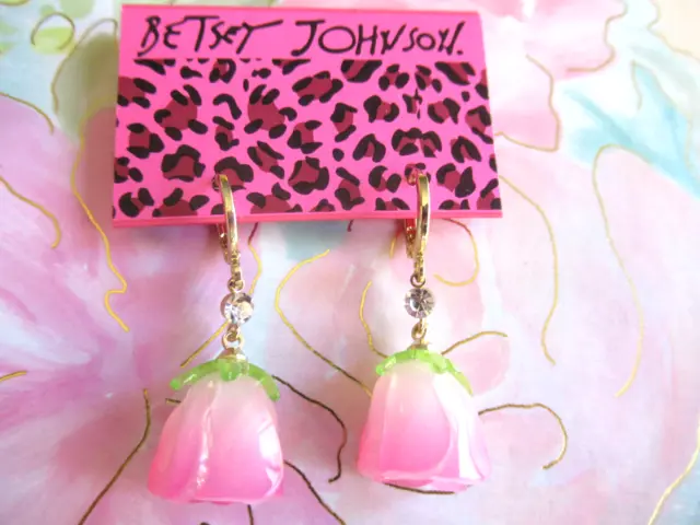 Betsey Johnson Pink Rosebud Flower Rhinestone  Dangle Earrings Nwt
