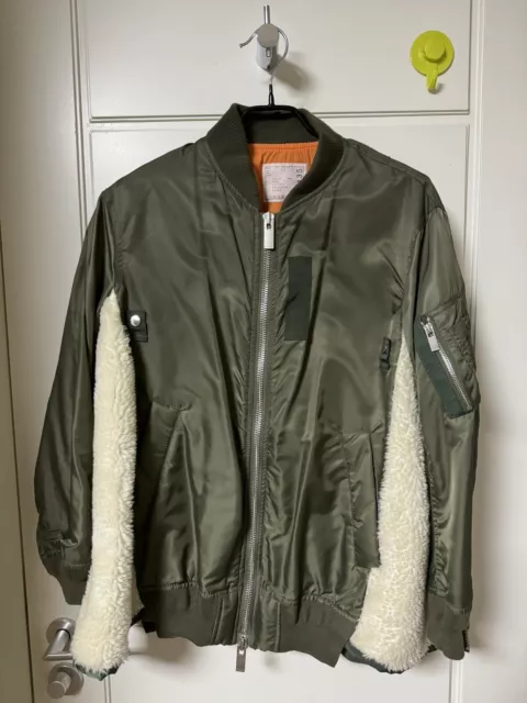 MSRP $1750 Sacai Shearling Khaki Bomber Jacket