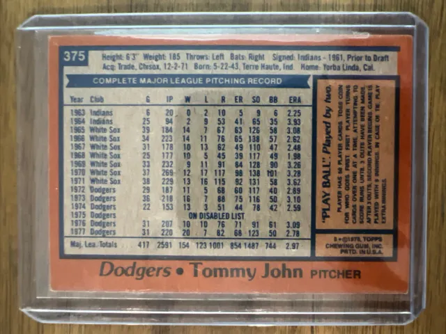 1978 TOMMY JOHN Topps #375 Los Angeles Dodgers carte de baseball ...