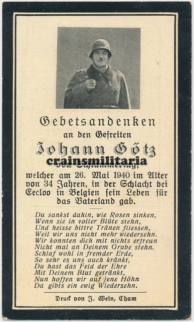 Orig. Sterbebild Soldat Inf.Rgt.481 der 256.ID - Lyskanal EEKLO Belgien 1940