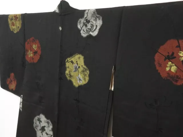 1407T05z560 Vintage Japanese Kimono Silk HAORI Black Plum blossom