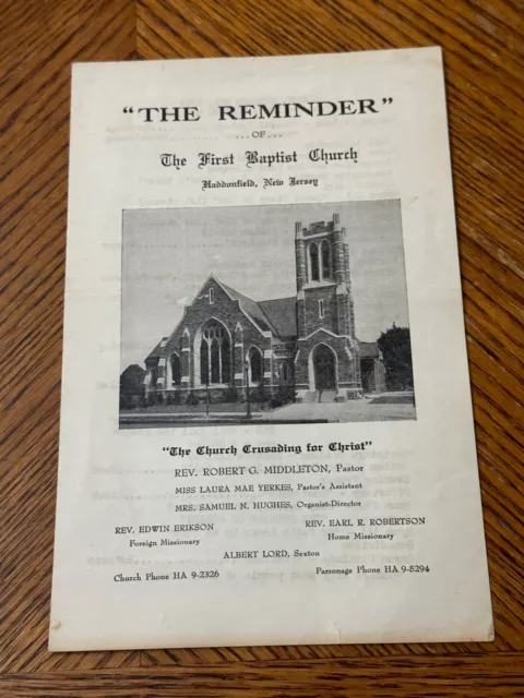 First Baptist Church Haddonfield NJ Reminder Worship Aid Protestant VTG 1949